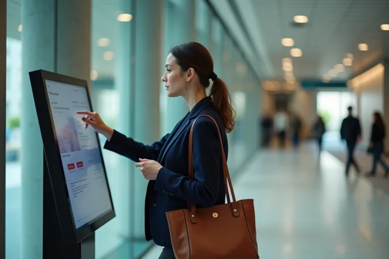 Femme professionnelle utilisant un kiosque numérique dans le hall d'un centre administratif pour accéder à PIA Orléans-Tours