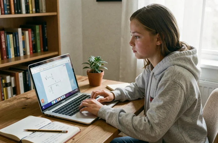 Adolescente concentrée sur une session de soutien scolaire en ligne depuis sa chambre, avec un cahier de notes ouvert à côté de son ordinateur portable