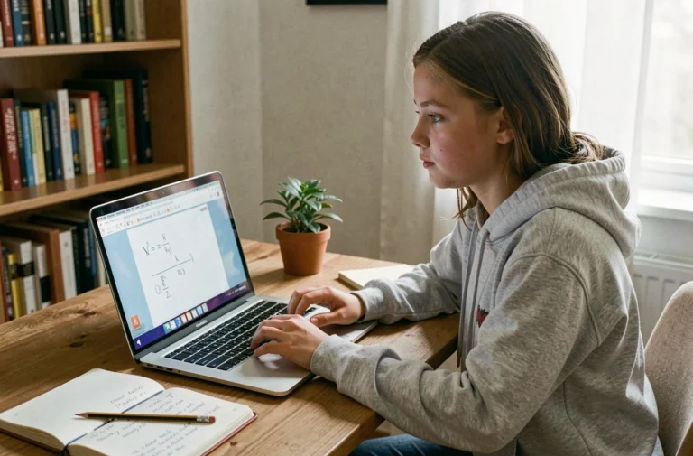 Adolescente concentrée sur une session de soutien scolaire en ligne depuis sa chambre, avec un cahier de notes ouvert à côté de son ordinateur portable