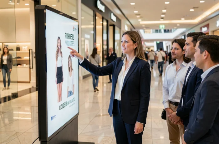 Professionele vrouw die een verlicht reclamebord presenteert in een modern winkelcentrum