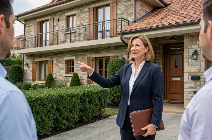 Agent immobilière présentant une maison contemporaine à des acheteurs potentiels devant la façade