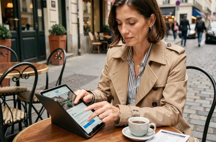 Agente immobilière iad consultant l'intranet professionnel sur tablette en terrasse de café