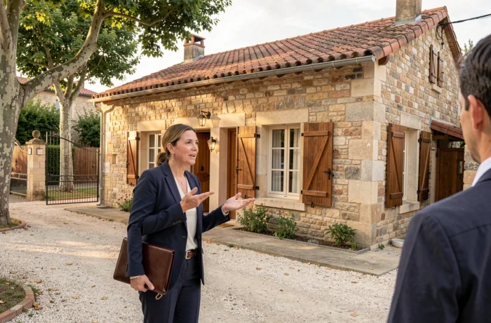 Agente immobilière présentant une maison traditionnelle en pierre à des acheteurs potentiels en France