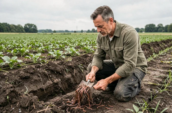 Biologische boer die wormen en wortels in een kluit grond onderzoekt tijdens een analyse van de vruchtbaarheid van de grond in biologische landbouw