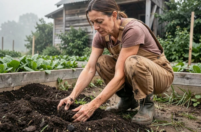 Agricultrice biologique qui analyse la qualité du compost dans ses mains au-dessus d'un sol riche et fertile dans un potager en agriculture biologique