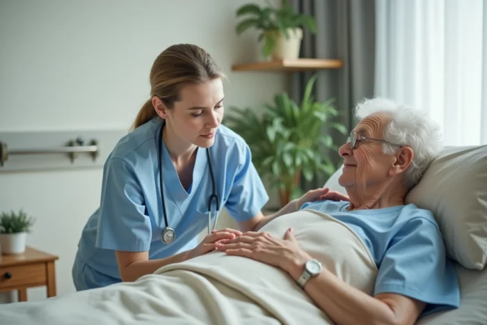 Aide-soignante ajustant un sécuridrap sur le lit d'un résident en EHPAD, ambiance douce et professionnelle