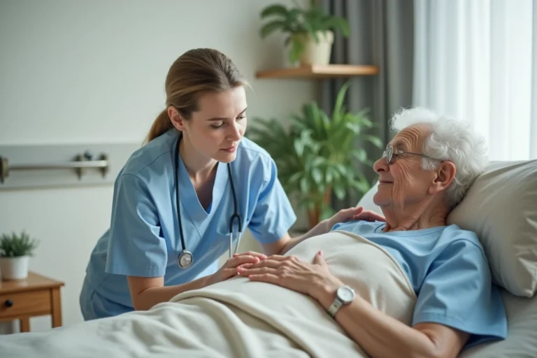 Aide-soignante ajustant un sécuridrap sur le lit d'un résident en EHPAD, ambiance douce et professionnelle