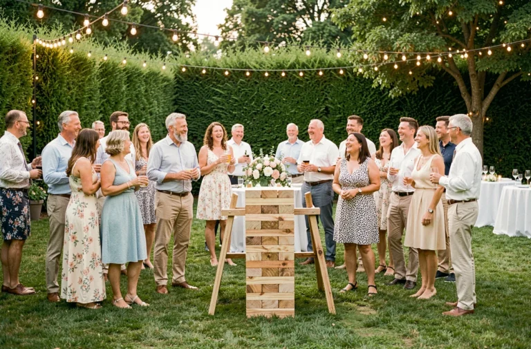 Invités de mariage jouant à des jeux géants en bois dans un jardin décoré de guirlandes lumineuses lors d'une réception en plein air