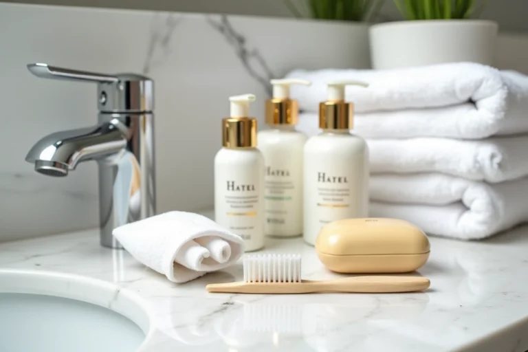 Articles de toilette gratuits disposés sur un comptoir en marbre dans une salle de bain d'hôtel de luxe