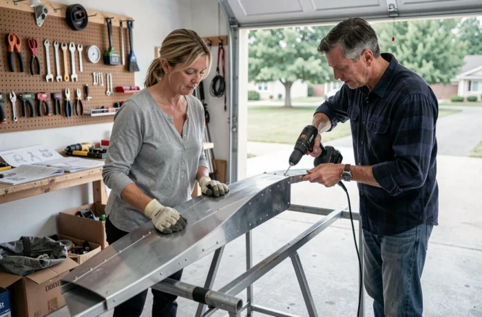 Koppel assembleert een teardrop aanhangwagen kit in een garage met gereedschap en een aluminium structuur