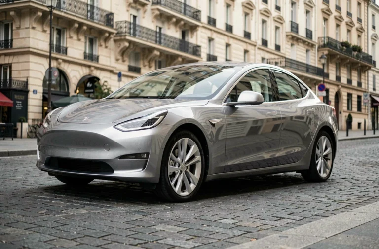Berline électrique moderne garée dans une rue parisienne, tendances voiture 2024