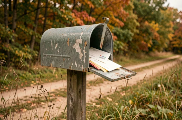 Boîte aux lettres métallique sur un terrain de loisir non constructible en zone rurale
