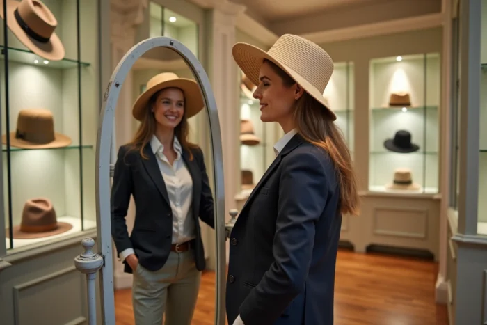 Cliente essayant un chapeau en paille dans une boutique de chapellerie élégante devant un miroir vintage