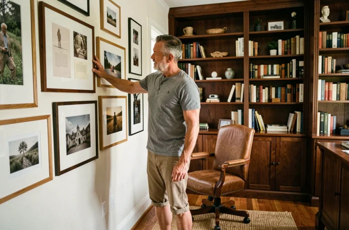 Mann arrangiert Bilderrahmen an einer Galerie-Wand in einem warmen und stilvollen Home-Office