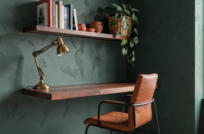 Coin bureau à domicile avec bureau flottant en noyer, mur en enduit vert forêt et chaise en cuir cognac dans un intérieur moderne