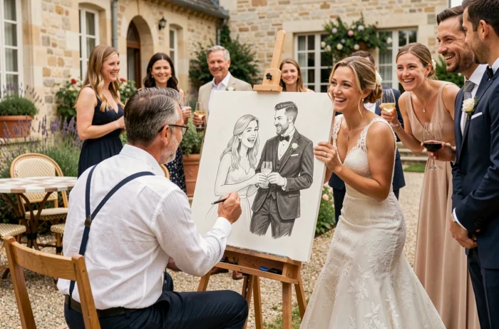Caricaturiste dessinant les mariés lors d'un cocktail de mariage dans une cour de château en pierre avec des invités souriants