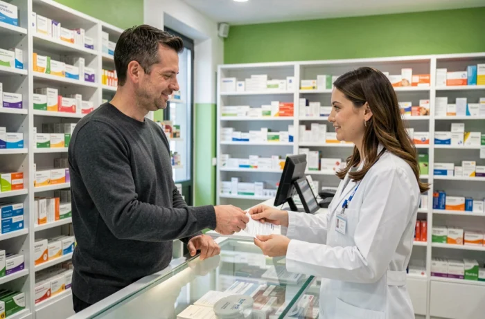Homme remettant ses documents d'assurance maladie à une pharmacienne pour obtenir la carte européenne