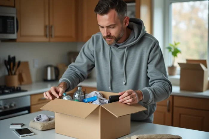 Un homme prépare un carton de survie avec les essentiels pour les premières 24 heures après un déménagement