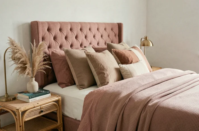 Gemütliche Schlafzimmer-Ecke mit Kopfteil aus Leinen, strukturiertem Bettzeug und dekoriertem Nachttisch aus Rattan