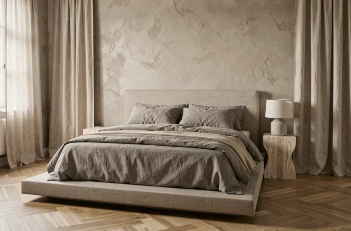 Chambre principale épurée avec literie en lin gris pierre, mur en stuc chaulé et table de chevet en travertin sculpté