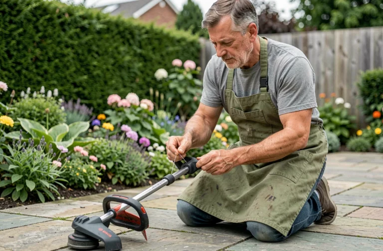 Homme changeant le fil de coupe d'une débroussailleuse Bosch dans un jardin