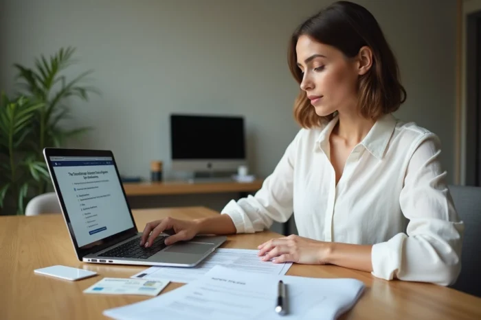 Une femme effectue tous ses changements d'adresse en une seule session à son bureau avec une liste de contrôle imprimée