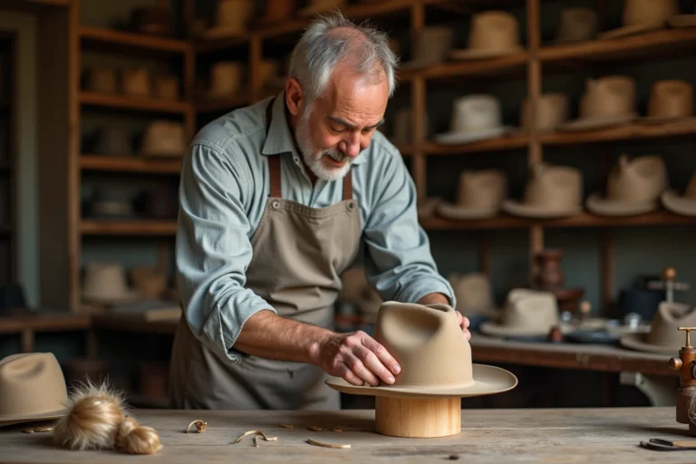 Chapelier artisan façonnant un chapeau en feutre sur un bloc en bois dans son atelier traditionnel