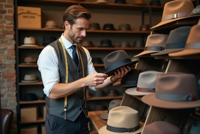 Chapelier arrangeant une vitrine de chapeaux fedora et cloches dans une boutique de chapellerie moderne