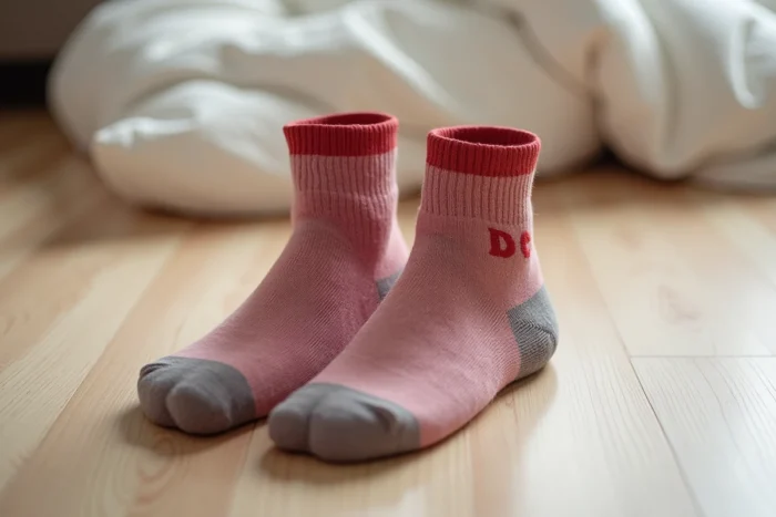 Paire de chaussettes colorées posées à plat sur un parquet en bois avec les lettres G et D brodées pour distinguer gauche et droite