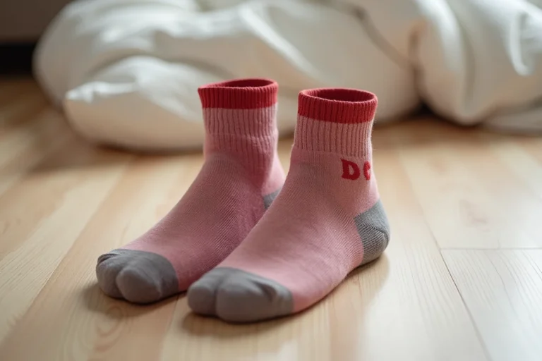 Paire de chaussettes colorées posées à plat sur un parquet en bois avec les lettres G et D brodées pour distinguer gauche et droite