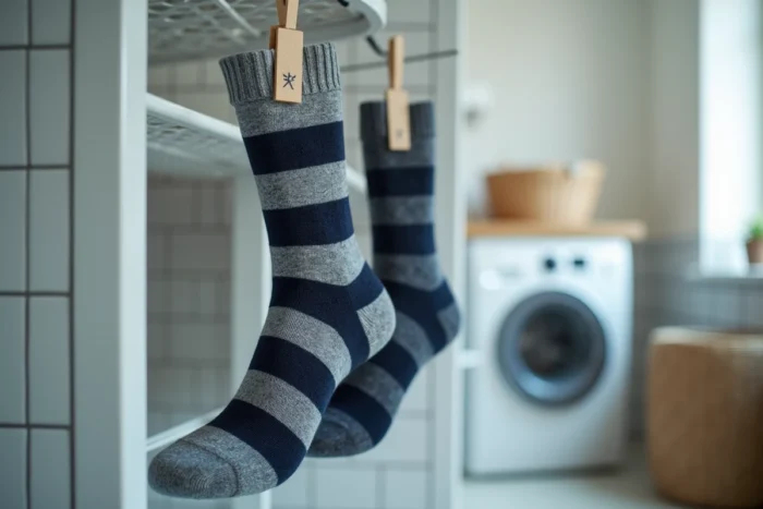 Chaussettes en laine suspendues à un séchoir avec des repères écrits pour identifier facilement le pied gauche et le pied droit
