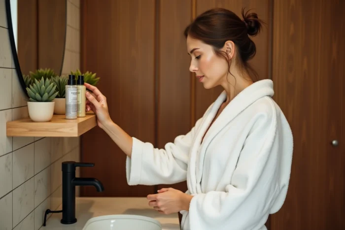 Femme en peignoir blanc prenant un flacon de shampoing offert par un hôtel boutique sur une étagère en bois