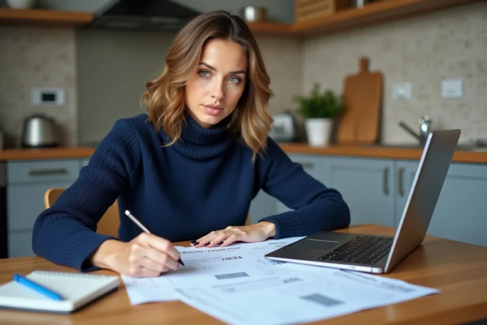 Une femme compare trois devis de déménageurs professionnels posés sur sa table de cuisine avec un ordinateur portable