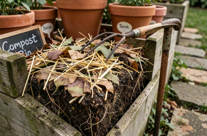 Close-up van lagen biologische compost, stro mulch en humus in een moestuin om de vruchtbaarheid van de bodem op natuurlijke wijze te verbeteren