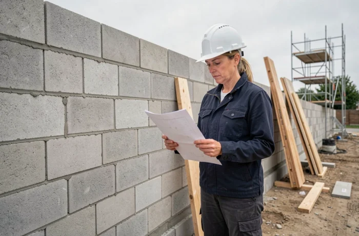 Conductrice de travaux inspectant un mur en parpaings à bancher terminé sur un chantier de construction pavillonnaire