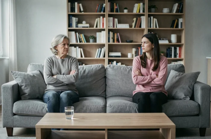 Mère et fille adulte assises à distance l'une de l'autre sur un canapé, illustrant la tension et le conflit relationnel entre générations