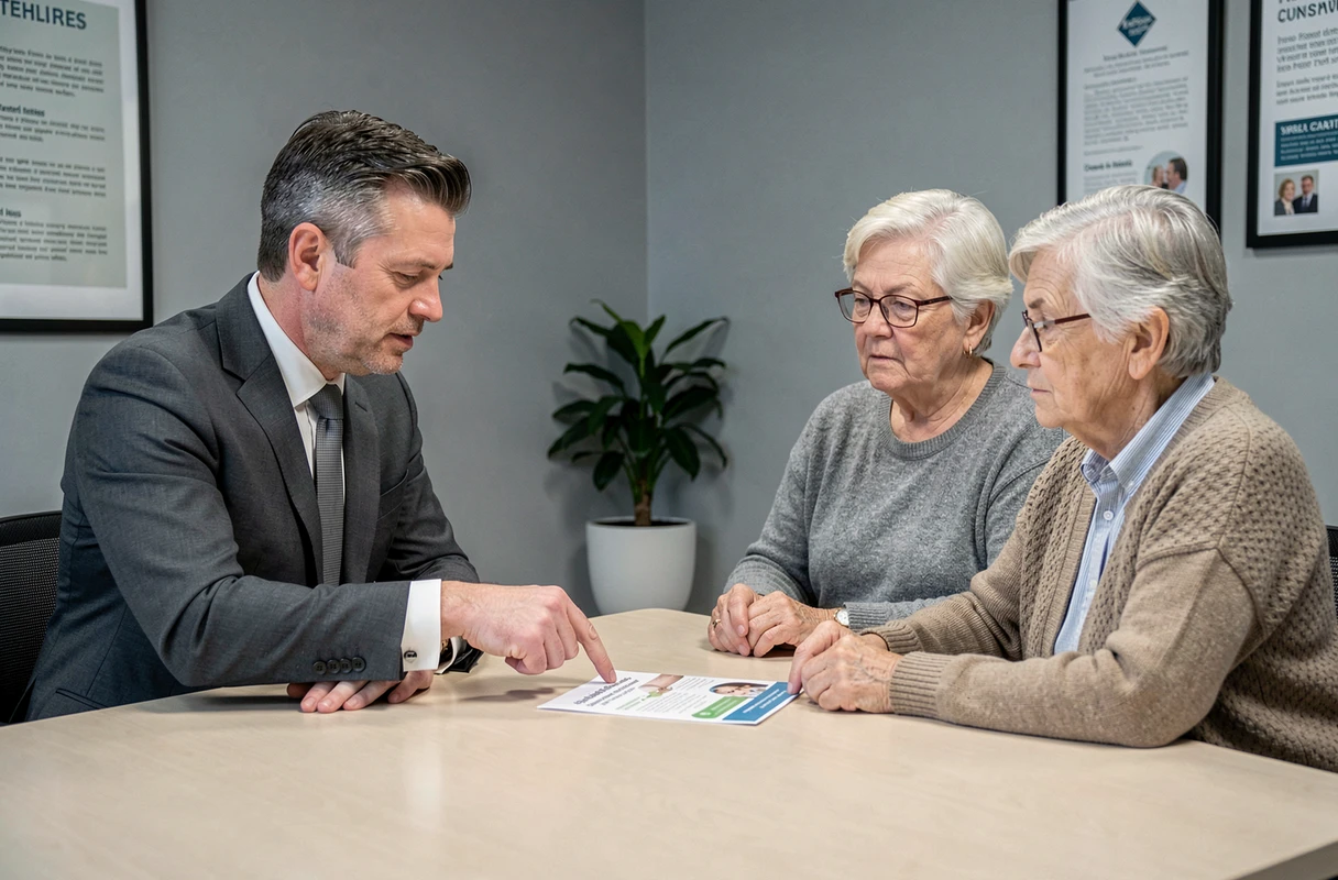 Conseiller funéraire présentant une offre de prévoyance obsèques à un couple de seniors
