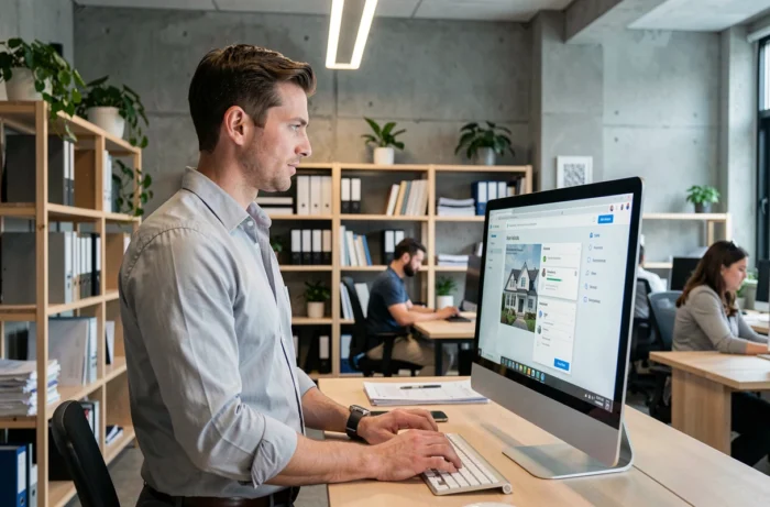 Conseiller immobilier iad accédant à son espace intranet dans un espace de coworking moderne