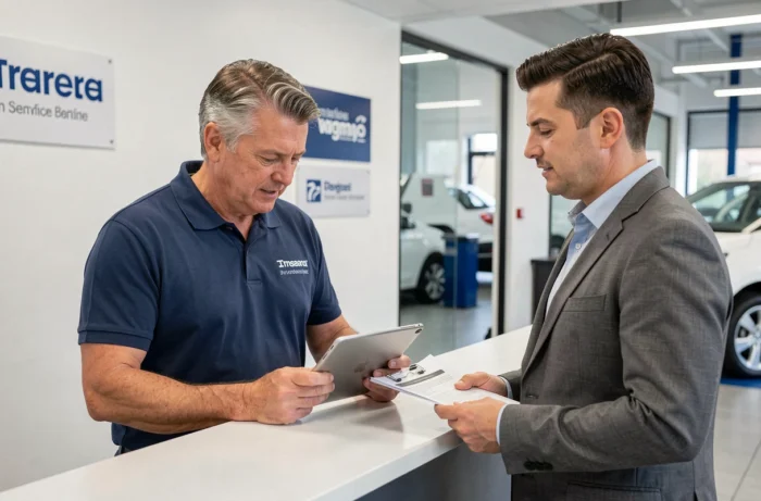 Conseiller de service automobile discutant d'un rapport d'inspection avec un client dans un centre de services moderne
