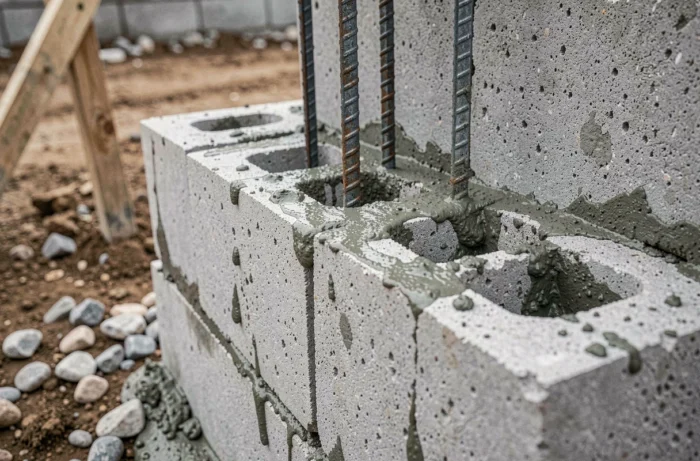 Gros plan sur le coulage du béton dans les alvéoles de parpaings à bancher avec armature en acier visible