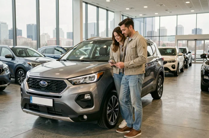 Couple choisissant un SUV compact dans une concession automobile moderne en 2024