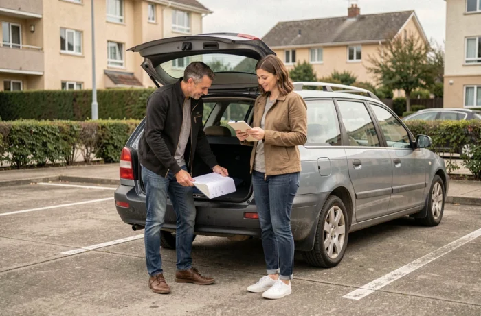 Un couple évalue l'espace de coffre d'un break d'occasion dans un parking résidentiel, comparant leurs critères d'achat avec leur budget