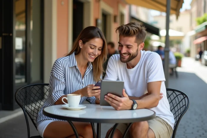 Couple comparant des prix de vols Ryanair sur smartphone et tablette en terrasse de café en Europe