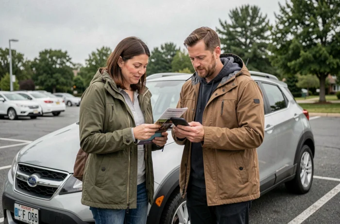 Koppel dat brochures en een smartphone vergelijkt om hun volgende crossover-auto te kiezen, autotrends