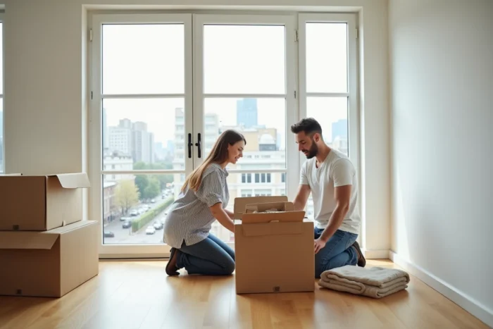 Couple en train d'installer et de déballer leurs affaires dans un nouvel appartement vide et lumineux