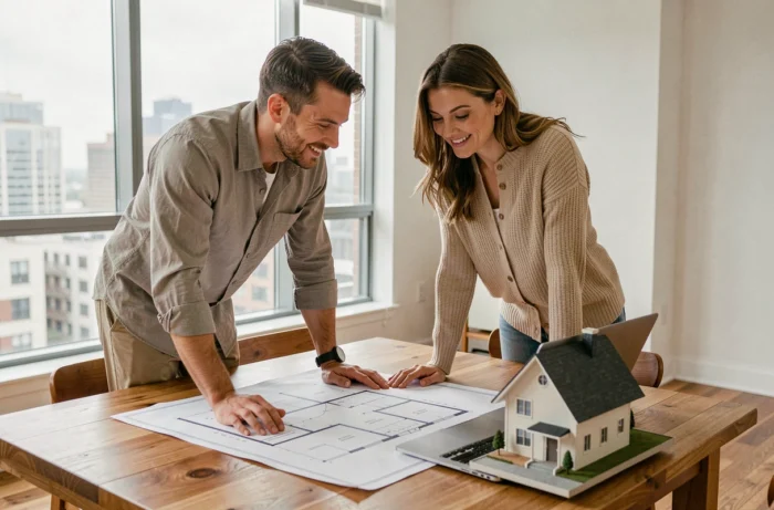 Couple étudiant des plans immobiliers sur une table en bois dans un appartement moderne