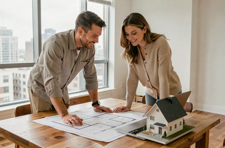 Couple étudiant des plans immobiliers sur une table en bois dans un appartement moderne