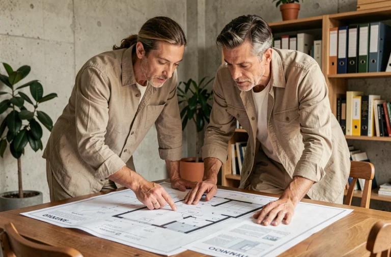 Couple français consultant des plans immobiliers et documents pour un projet d'achat de maison en France