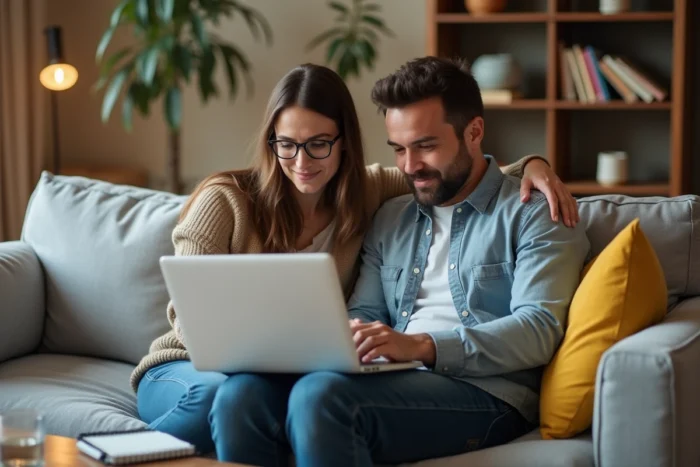 Couple recherchant des astuces en ligne pour réduire leurs dépenses de santé sur un ordinateur portable