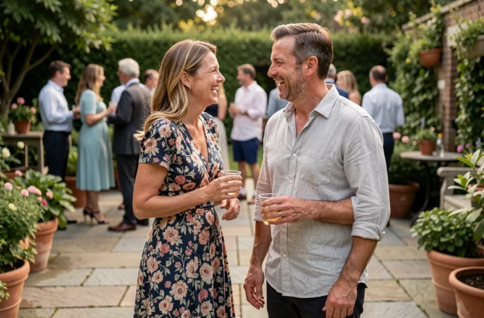 Couple détendu lors d'un événement social en plein air dans un jardin, évoquant la vie privée et les sorties discrètes d'une personnalité publique et de son épouse